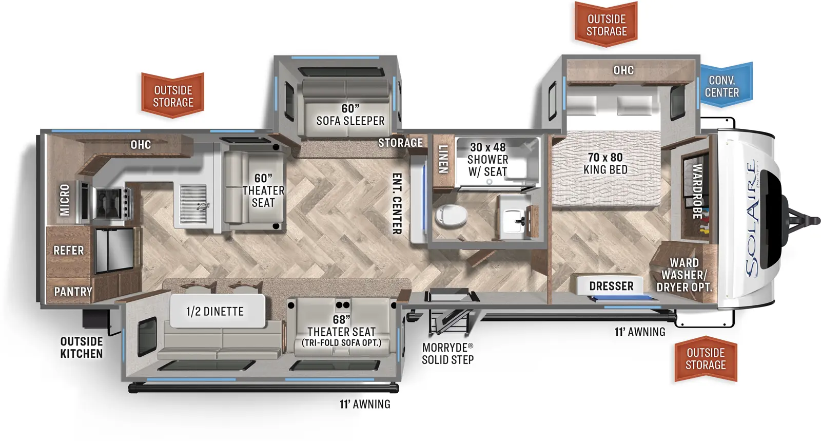The 306RKTS has three slideouts and one entry. Exterior features include two 11 foot awnings, outside storage, convenience center, outside kitchen, and MORryde solid step. Interior layout front to back: front wardrobe with washer/dryer option, off-door side king bed slideout with overhead cabinet, and door side dresser; off-door side full bathroom with linen closet; entry door; entertainment center and storage along inner wall; off-door side slideout with sofa sleeper; door side slideout with theater seat (optional tri-fold sofa), and half dinette; theater seat along peninsula kitchen counter with sink that wraps to off-door side with overhead cabinet, counter continues to wrap to rear with microwave, refrigerator and pantry.
